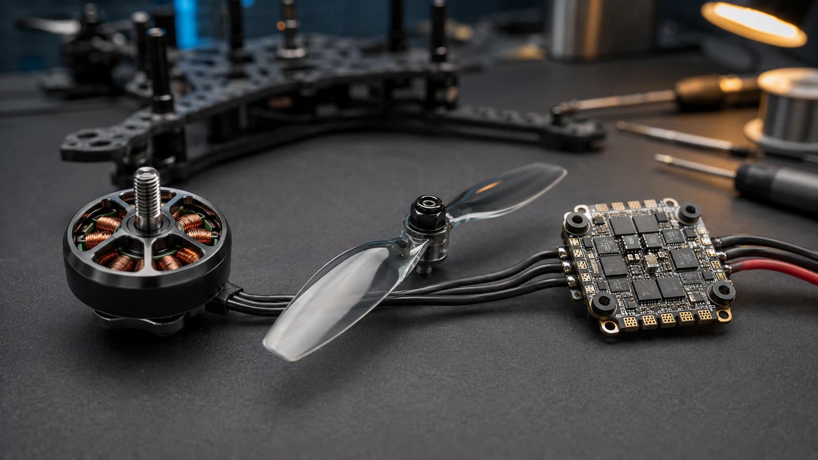 Cadena de propulsión de la anatomía del dron FPV mostrando motor, hélice y ESC sobre un banco de trabajo