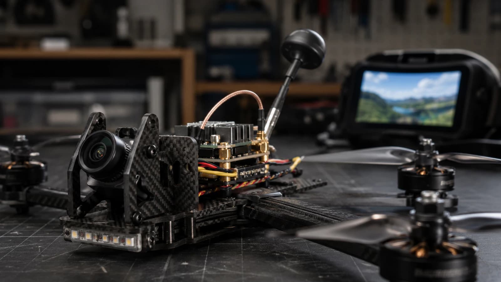 Anatomía del sistema de video del dron FPV con la cámara, el transmisor de video y la antena resaltados