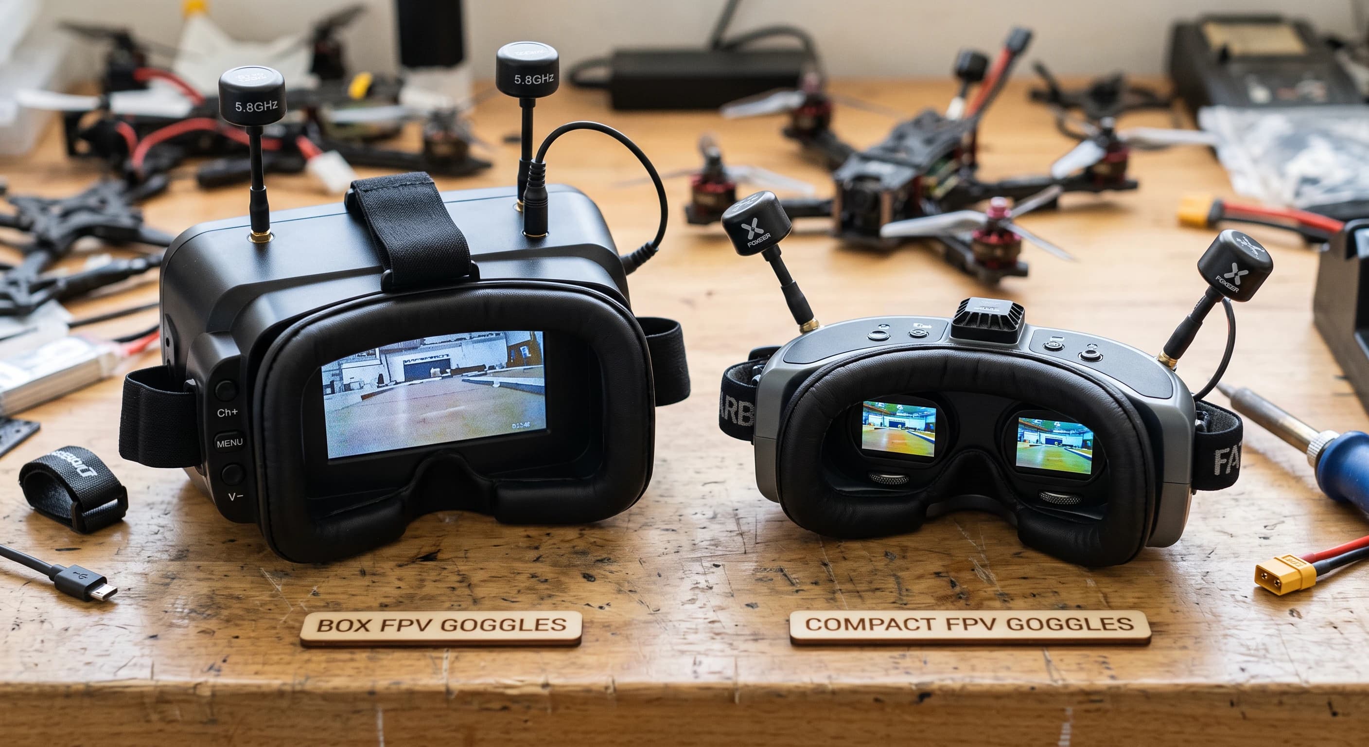 Óculos FPV estilo box ao lado de óculos FPV compactos estilo binocular sobre uma bancada