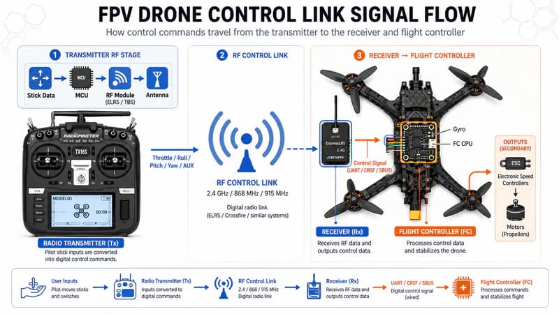 Diagram of the FPV control link showing radio controller, radio waves, receiver, flight controller, ESC and motors