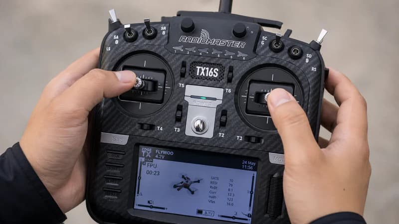 Pilot holding an FPV radio controller with thumbs on both gimbal sticks